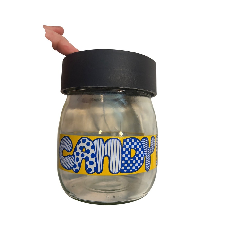 Carlton Glass Candy Jar Vintage 70s Pop Art Yellow Blue Graphic Storage Small